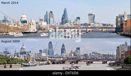 London, England - These two images were taken less than five years apart from the same spot on Waterloo Bridge, but illustrate just how fast the skyline of the City of London is changing despite the global recession. The upper picture was taken in March 2014, the lower one in August 2009. Note how the 'Gherkin' is becoming obscured by the Leadenhall Building (the 'Cheesegrater') and how 20 Fenchurch Street (the 'Walkie Talkie') has appeared out of nowhere.  29- Mar-2014, Photo Credit: John Gilbey/Alamy Live News. Stock Photo