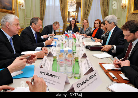 US Secretary of State John Kerry and Russian Foreign Minister Sergey Lavrov begin their meeting on the crisis in Ukraine at the Russian Ambassador's house March 30, 2014 in Paris, France. Stock Photo