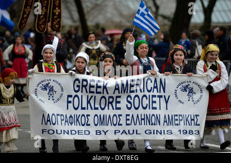 New York, USA. 30th Mar, 2014. Paraders dressed in traditional Greek costumes attend the 193rd Greek Independence Day Parade on the Fifth Avenue of New York City, March 30, 2014. Credit:  Wang Lei/Xinhua/Alamy Live News Stock Photo