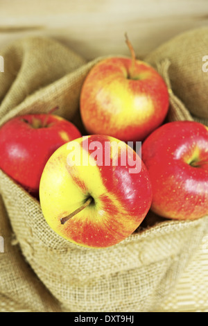 Organic Apples in Linen Bag Closeup. Fresh Fruits Photo Collection. Stock Photo