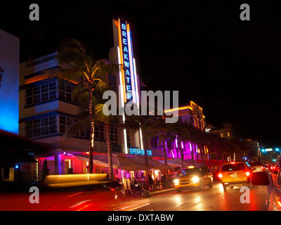 MIAMI - November 12, 2012: The Breakwater hotel on Ocean Drive in South Beach, after dark, on November 12, 2012, in Miami, Flori Stock Photo