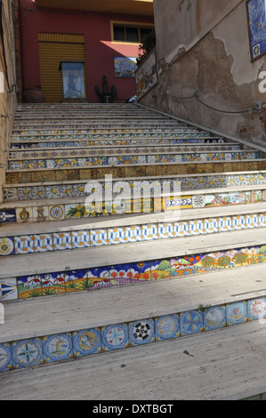 Ceramic tiles on steps in Sciacca, Sicily, Italy Stock Photo