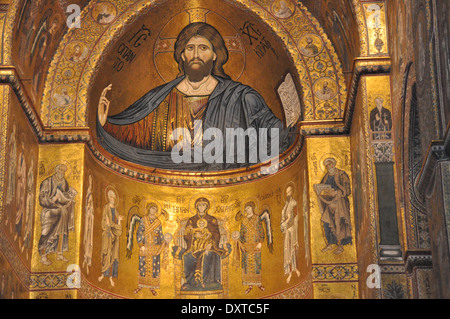 The half dome of the central apse of Cathedral Monreale, a half-length figure of Christ, with a seated Virgin and Child below, Stock Photo