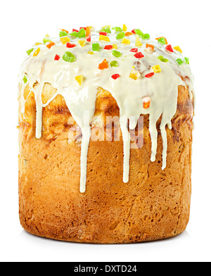 Easter cake with glace icing on white background Stock Photo