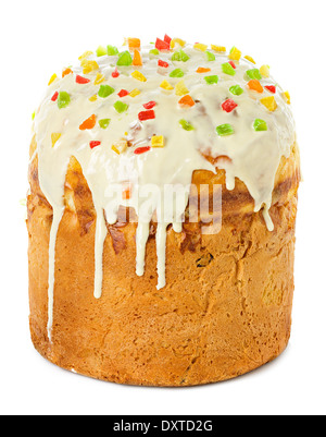 Easter cake with glace icing on white background Stock Photo