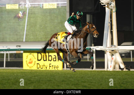 Dubai, UAE. 29th Mar, 2014. Just A Way, ridden by Yuichi Fukunaga wins the Dubai Duty Free (Group 1). Credit:  dpa picture alliance/Alamy Live News Stock Photo