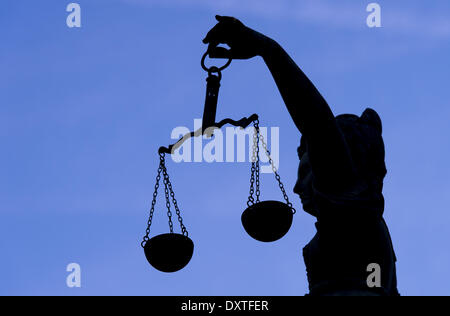 Frankfurt, Germany. 20th Mar, 2014. A statue of Lady Justice, the Roman goddess of Justice, is seen in Frankfurt, Germany, 20 March 2014. © dpa/Alamy Live News Stock Photo