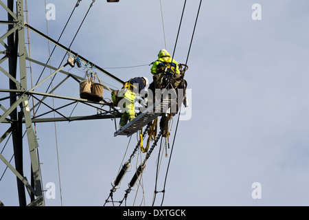Electrical engineers working overhead on high tension power line repairs and maintenance Stock Photo