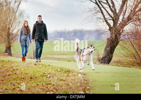 Couple Walking Dog Outdoors, Croatia Stock Photo