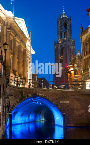 Skyline with the Dom Tower and canal at dusk in Utrecht , Netherlands Stock Photo