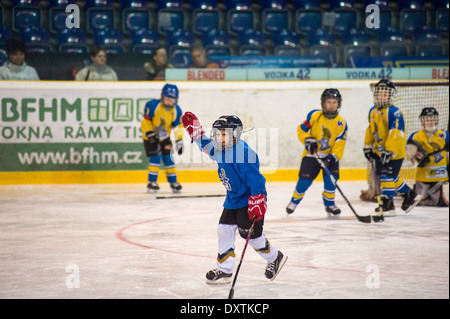 baby-boy ice hockey player celebrates goal Stock Photo