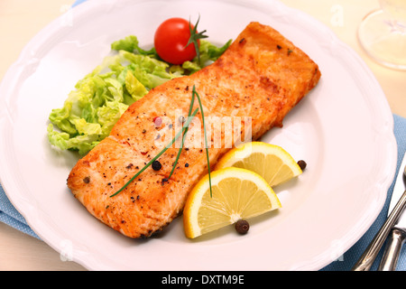 Grilled salmon filet and vegetables, top view Stock Photo