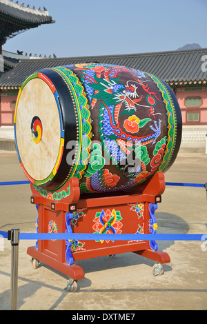 Korean traditional drum called buk, with Taegeuk symbol Stock Photo