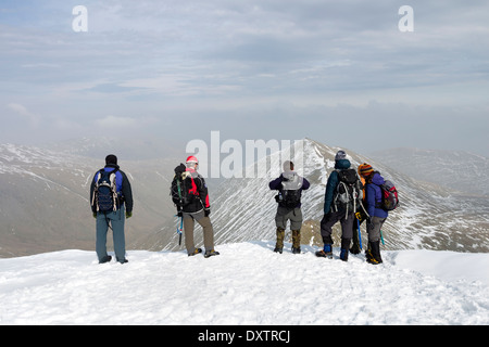 Hill Walkers at the Swirral Edge Exit on Helvellyn with the View Towards the Mountain of Catstycam Lake District Cumbria UK Stock Photo