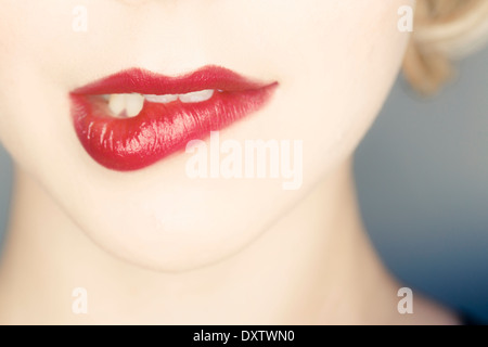 Woman, Close-up of human lips, making a face Stock Photo