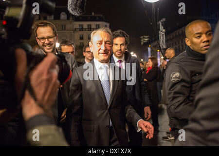 March 30, 2014 - Outgoing Paris mayor Bertrand Delanoe, during the celebration of victory of French Socialist party (PS) Anne Hidalgo during an event outside the town hall in Paris, on March 30, 2014. Anne Hidalgo, the candidate of France's ruling Socialist Party, will be the first female mayor of Paris after winning municipal elections in the French capital today, exit polls indicated. (Photo by Michael Bunel/NurPhoto) (Credit Image: © Michael Bunel/NurPhoto/ZUMAPRESS.com) Stock Photo
