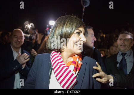 March 30, 2014 - Newly elected mayor of Paris, French Socialist party (PS) Anne Hidalgo celebrates the victory after learning the results of the second round of the French municipal elections, during an event outside the town hall in Paris, on March 30, 2014. Anne Hidalgo, the candidate of France's ruling Socialist Party, will be the first female mayor of Paris after winning municipal elections in the French capital today, exit polls indicated. (Photo by Michael Bunel/NurPhoto) (Credit Image: © Michael Bunel/NurPhoto/ZUMAPRESS.com) Stock Photo