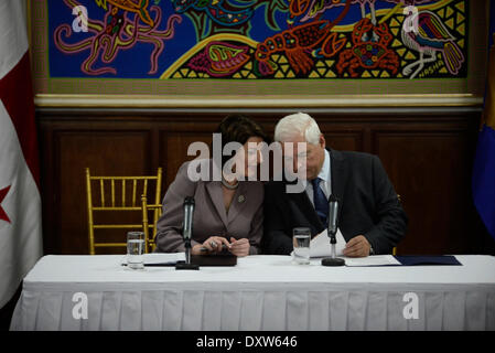 Panama City, Panama. 31st Mar, 2014. President of Kosovo Atifete Jahjaga (L) participates in a joint press conference with Panama's President Ricardo Martinelli in Panama City, capital of Panama, on March 31, 2014. Atifete Jahjaga is in Panama during an official visit, in the framework of the meeting of the World Economic Forum on Latin America, to be held in Panama from April 1 to 3. © Mauricio Valenzuela/Xinhua/Alamy Live News Stock Photo