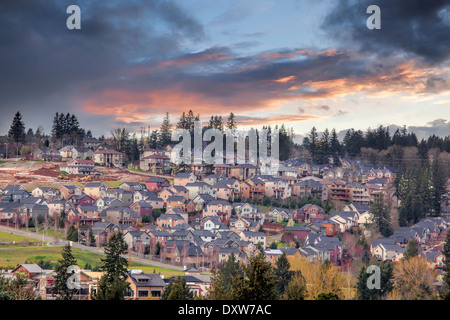 Cloudy Sunset Over USA North America Suburban Residential New Subdivision in Happy Valley Oregon Stock Photo