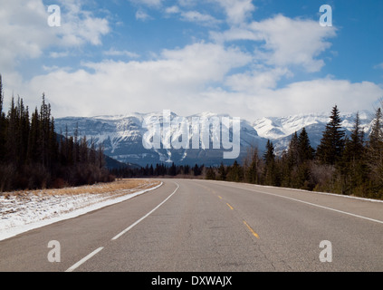 A view of the Yellowhead Highway (Trans-Canada Highway Route 16) in Jasper National Park, Alberta, Canada. Stock Photo