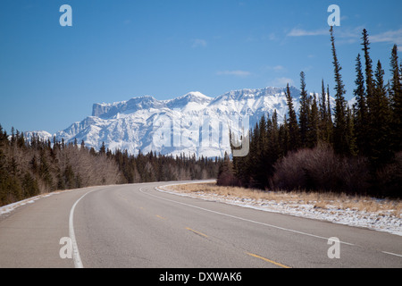 A view of the Yellowhead Highway (Trans-Canada Highway Route 16) in Jasper National Park, Alberta, Canada. Stock Photo