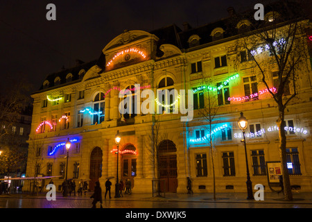 The Mairie of the IVth arrondissement decorated with neon signs in many languages celebrating differences, Paris, France Stock Photo