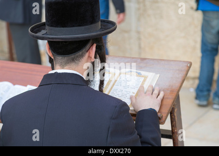 Ultra-orthodox Jew praying at the Western Wall, Wailing Wall, view over his shoulder onto the Talmud, Jerusalem, Israel Stock Photo