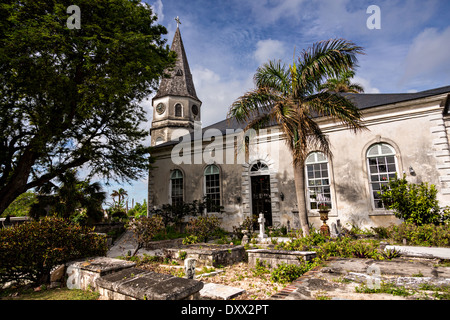 St. Matthews Anglican Church Nassau, Bahamas. St. Matthews is the oldest church in the Bahamas opened July 18th, 1802. The church's steeple along with its clock was erected in 1816 and for many years was the only reliable source of time on the Island. Stock Photo