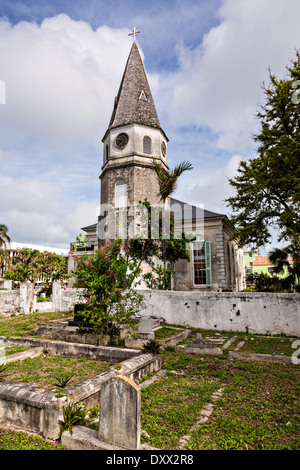 St. Matthews Anglican Church Nassau, Bahamas. St. Matthews is the oldest church in the Bahamas opened July 18th, 1802. The church's steeple along with its clock was erected in 1816 and for many years was the only reliable source of time on the Island. Stock Photo