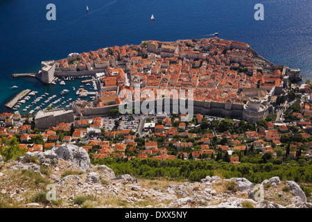 Old walled city of Dubrovnik overlooking the Adriatic Sea, from Mount Srd, Dubrovnik, Dalmatia, Croatia Stock Photo