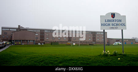 Edinburgh, Scotland, UK. 1st April, 2014.  A femal Pupil has died after a wall at Liberton High School collapsed and landed on top of her. It is understood the wall was inside the school. A special operation response team from the Scottish Ambulance service was sent to the school at 9.53am. Stock Photo