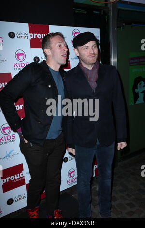 Chris Martin and Jonny Buckland of Coldplay Coldplay attend a party to celebrate the launch of graffiti artist Paris' latest exhibition. Items on show were used onstage during the band's recent Mylo Xyloto tour and feature artwork created by the band. Lon Stock Photo