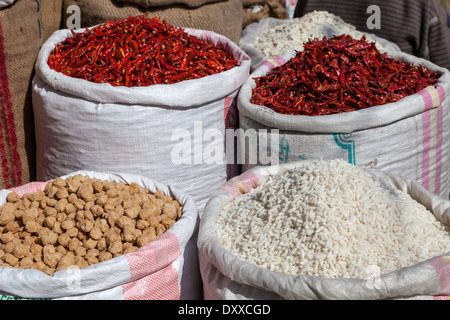 India, Dehradun. Chilies, Puffed Rice, Balls of Soybean Powder. Stock Photo