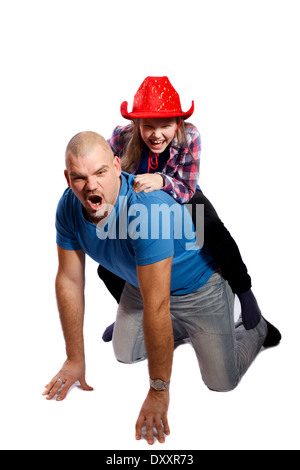 father playing with her daughter on a white background Stock Photo