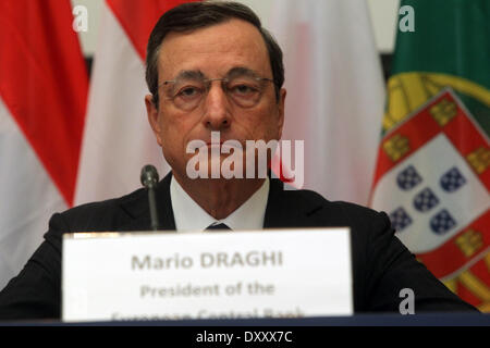 Athens, Greece. 1st Apr, 2014. The President of the European Central Bank Mario Draghi speaks during a press conference of the Eurogroup as part of the Informal Meeting of Ministers for Economic and Financial affairs at the Zappion Hall in Athens, Greece, on April 1, 2014. European finance ministers held an informal meeting of Eurogroup and ECOFIN here on Tuesday to discuss economic and social issues in Europe, including the finalization of bailout deals with Greece. Credit:  Marios Lolos/Xinhua/Alamy Live News Stock Photo