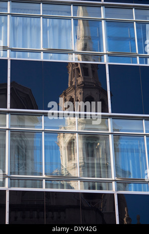 St Bride's Church Fleet Street wedding cake tower reflected in windows of the former Daily Express building London England UK Stock Photo