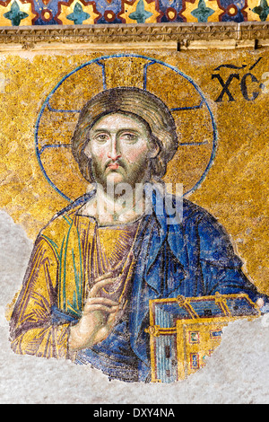 Christ pantocrator. Detail of Jesus Christ on the 13thC Deisis mosaic in Upper South Gallery, Hagia Sophia (Aya Sofya), Istanbul,Turkey Stock Photo
