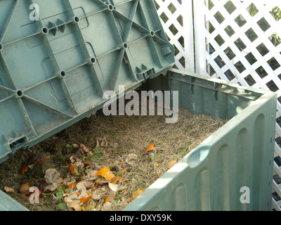 Green plastic compost bin full with lawn cut grass and domestic food scraps Stock Photo