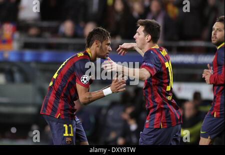 Barcelona, Spain. 01st Apr, 2014. Neymar and Messi celebring the Barcelona's goal during the UEFA Champions League quarter-final, first leg, between Barcelona and Atletico Madrid from Camp Nou Credit:  Action Plus Sports/Alamy Live News Stock Photo