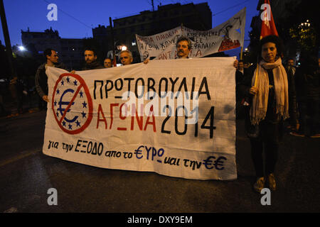 Athens, Greece, April 1st, 2014. Protesters shout slogans against the ...