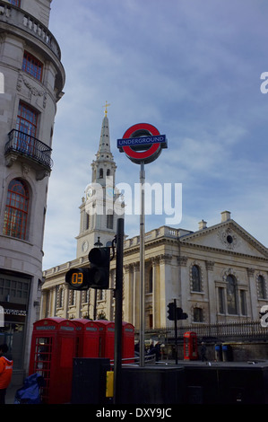 Underground Sign by Charring Cross Station and St Martin in the Field's Church Stock Photo