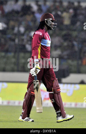 Dhaka, Bangladesh. 1st Apr, 2014. West Indies' batsman Chris Gayle is out during the ICC Twenty 20 Cricket World Cup match against Pakistan at Sher-e-Bangla National Stadium in Dhaka, Bangladesh, April 1, 2014. West Indies beat Pakistan by 84 runs and will face Sri Lanka in the semifinal. Credit:  Shariful Islam/Xinhua/Alamy Live News Stock Photo