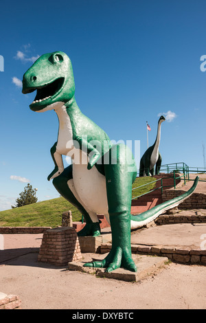 Apatosaurus and Tyrannosaurus rex sculptures at Dinosaur Park in Rapid City, SD. Stock Photo