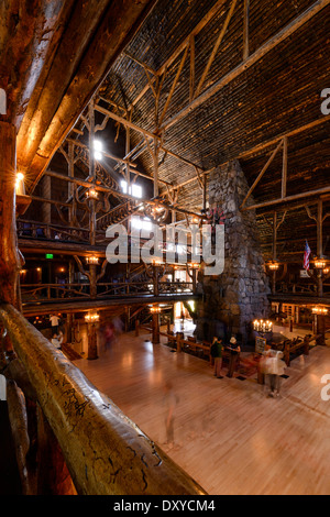 Interior view of the atrium in the Old Faithful Inn at Yellowstone National Park. Stock Photo