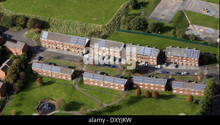 aerial view of modern terrace housing with solar panels on the roof Stock Photo