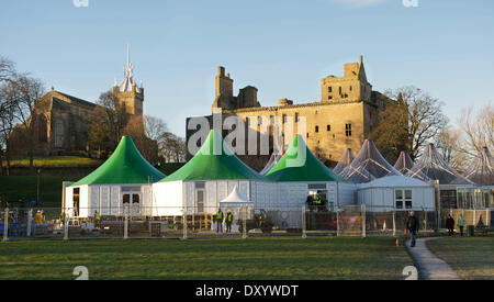 Chanel Linlithgow. Works are underway ahead of the Chanel fashion show which takes place at Linlithgow Palace in Scotland on Tuesday 4 December 2012. Workmen are constructing a bridge from the historic royal palace which was the birth place of Mary Queen Stock Photo