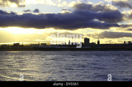 The skyline of the city of Aberdeen, Scotland, UK in the evening showing the north sea and beach area Stock Photo