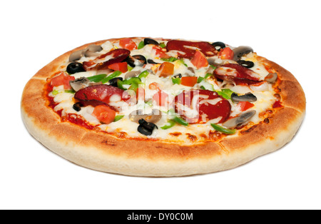 hot and spicy Italian tikka chicken pizza on a plate. Image isolated on white studio background. Stock Photo