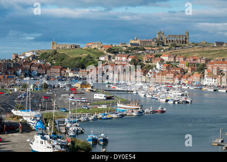 View of Whitby harbour showing the Church and Abbey. Stock Photo