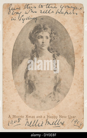 This portrait of Dame Nellie Melba, a renowned soprano, features her sending holiday greetings in 1908-1909. Her message of goodwill, 'Give this to the youngest boy who sells papers in Sydney,' reflects her charitable nature and status as a cultural icon. Stock Photo